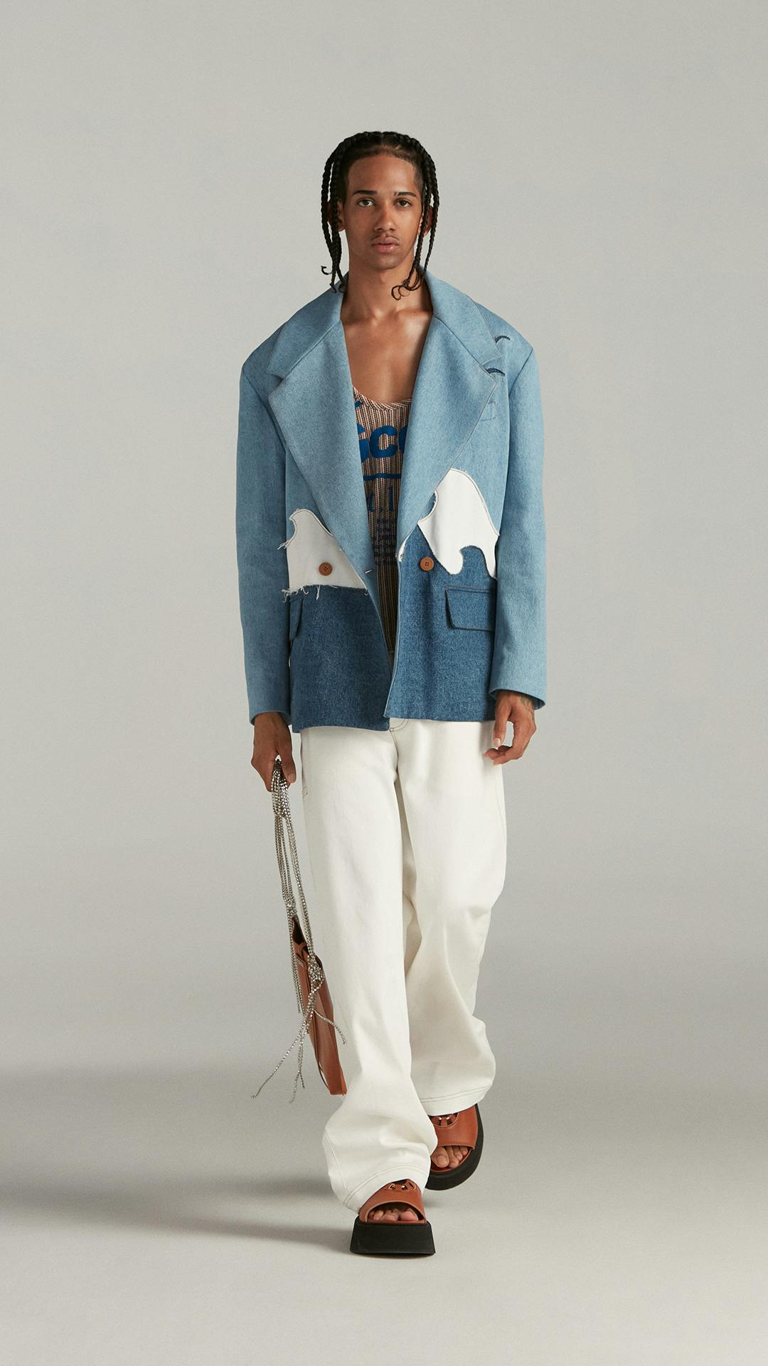 DENIM INSTARSIA JACKET FEATURING WAVE PATTERN AND BAGGY WHITE JEANS